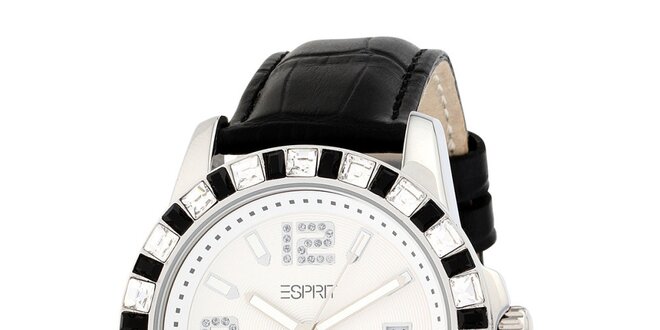 Dámske čierno-biele analogové hodinky s kryštálmi Esprit