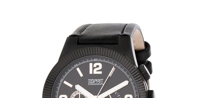 Pánske čierne hodinky Esprit s koženým remienkom