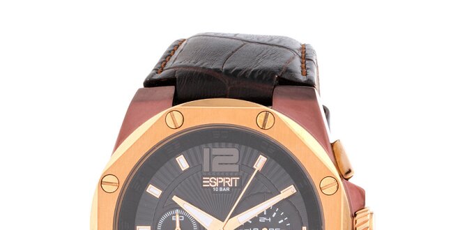 Pánske hnedo-zlaté hodinky s chronografom Esprit