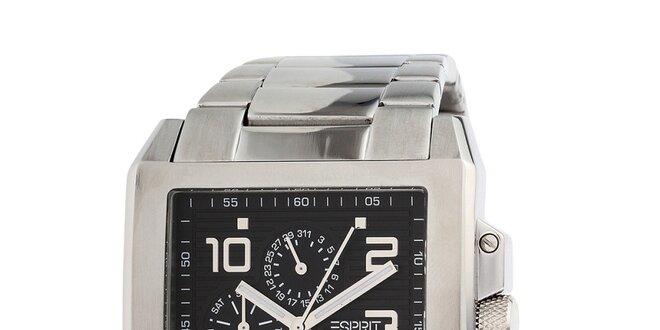 Pánske hranaté strieborné oceľové hodinky Esprit s dátumovkou