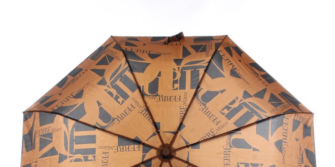 Dámsky karamelovo-čierny vystreľovací dáždnik s logom Ferré Milano