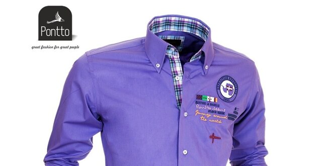 Pánska fialová košeľa Pontto s vyšívaním