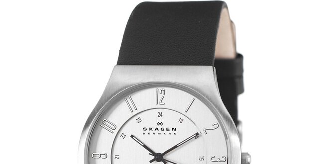 Pánske oceľové hodinky Skagen s čiernym koženým remienkom