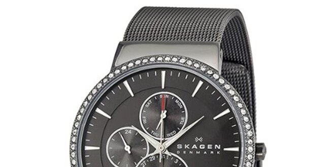Dámske čierne oceľové hodinky Skagen s kryštáľmi