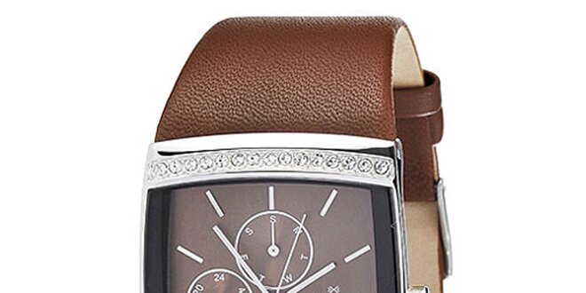Dámske hranaté hodinky Skagen s hnedým koženým remienkom