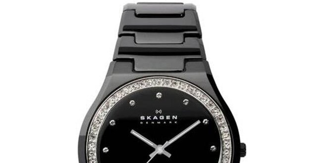 Dámske čierne keramické hodinky Skagen s ciferníkom obloženým kryštáľmi