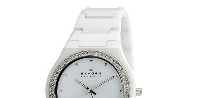 Dámske biele keramické hodinky Skagen s ciferníkom obloženým kryštáľmi