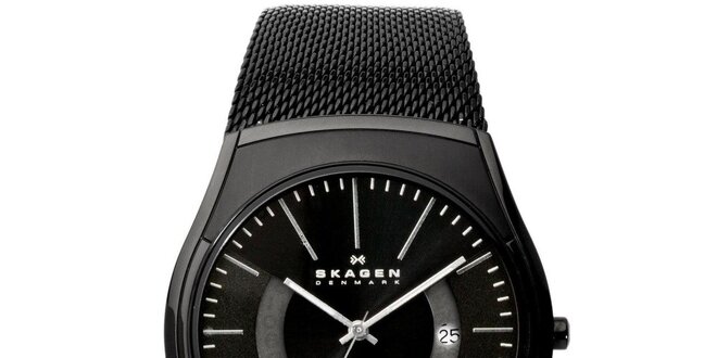 Pánske čierne analogové hodinky s reliéfnym remienkom Skagen