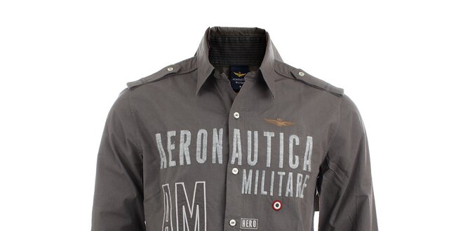 Pánska šedá košeľa s leteckými nášivkami Aeronautica Militare