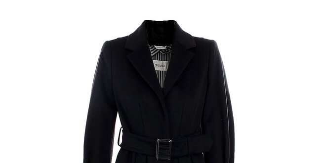 Dámsky čierny vlnený kabát s opaskom