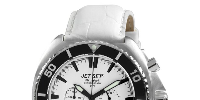 Biele guľaté hodinky s koženým remienkom Jet Set