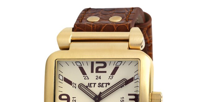 Zlaté hranaté hodinky s bielym ciferníkom Jet Set