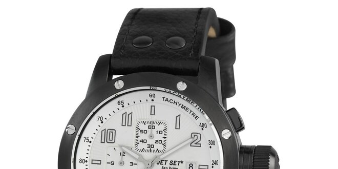Čierne oceľové hodinky Jet Set s čiernym koženým remienkom