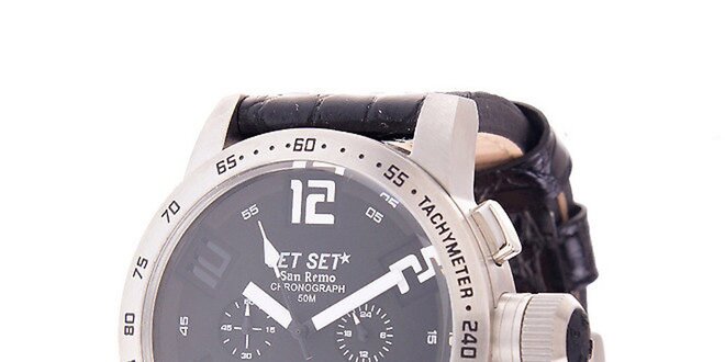 Pánske oceľové hodinky Jet Set s čiernym koženým remienkom