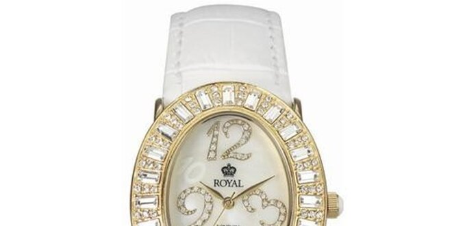 Dámske zlaté hodinky s kamienkami a bielym remienkom Royal London
