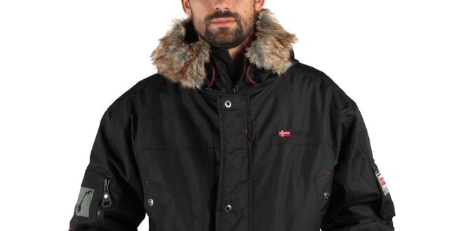 Pánska čierna zimná bunda s kožúškom Geographical Norway