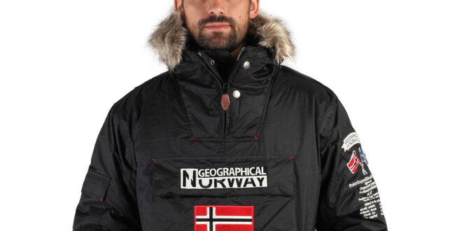 Pánska čierna zimná bunda s kožúškom a norskou vlajkou Geographical Norway
