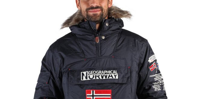Pánska tmavo modrá zimná bunda s kožúškom a norskou vlajkou Geographical Norway
