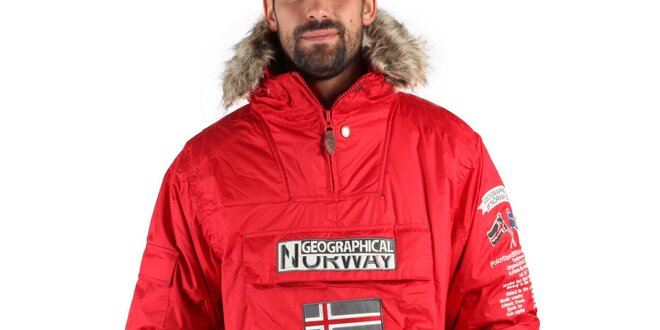 Pánska červená zimná bunda s kožúškom a norskou vlajkou Geographical Norway