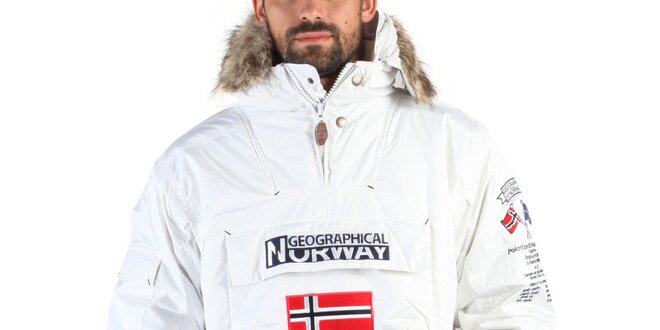 Pánska biela zimná bunda s kožúškom a norskou vlajkou Geographical Norway