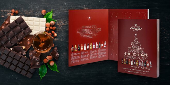 Adventný kalendár s čokoládovými fľaštičkami s alkoholom Anthon Berg