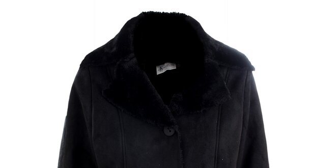 Dámsky čierny kabát K.Women s kožúškovým golierom