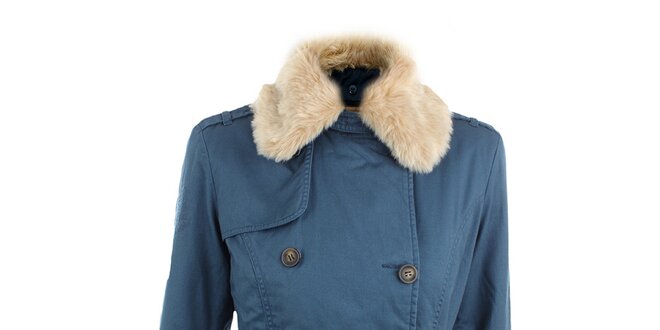 Dámsky modrý kabát s kožušinkovým límcom Timeout