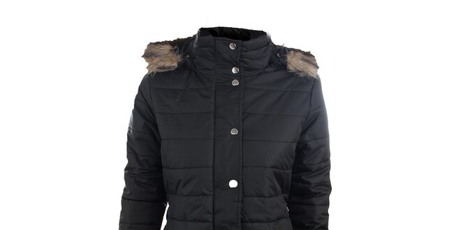 Dámsky čierny zimný prešívaný kabát s kožušinkou Trimm