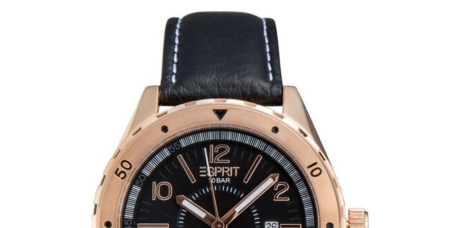 Pánske ružovozlaté hodinky s čiernym remienkom Esprit