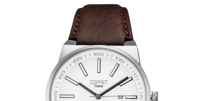 Pánske strieborné hodinky s hnedým remienkom Esprit