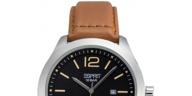 Pánske hodinky s čiernym ciferníkom a hnedým remienkom Esprit