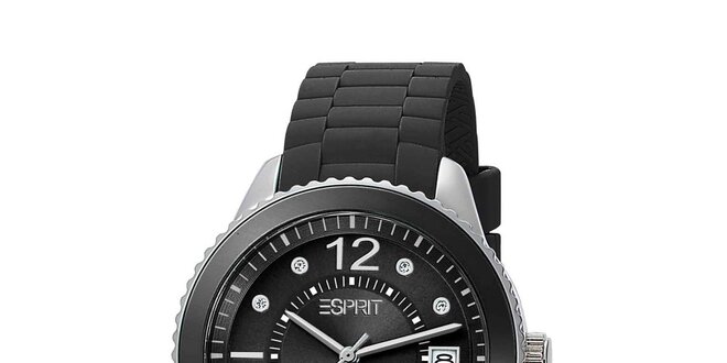Dámske čierne analogové hodinky zdobené kryštáľmi Esprit