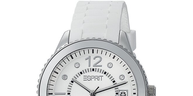 Dámske biele analogové hodinky zdobené kryštáľmi Esprit