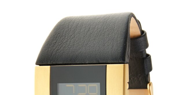 Čierno-zlaté digitálne náramkové hodinky Danish Design s čiernym koženým remienkom