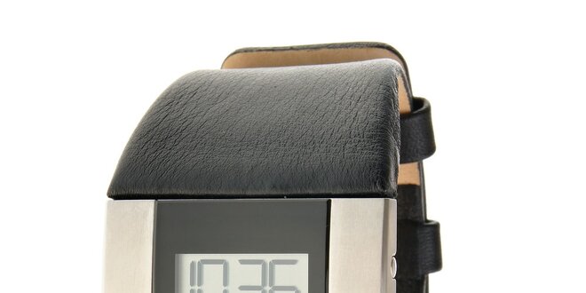 Pánske čierno-strieborné digitálne hodinky Danish Design s čiernym koženým pásikom