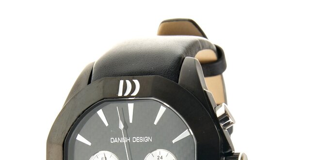 Čierne ocelové hodinky Danish Design s čiernym koženým pásikom