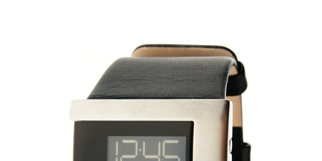 Dámske čierno-strieborné digitálne náramkové hodinky Danish Design s čiernym koženým remienkom