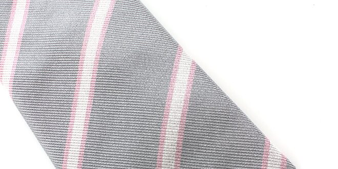 Pánska šedá kravata s ružovým prúžkom Pietro Filipi