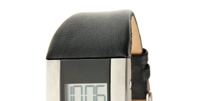 Dámske čierno-strieborné digitálne hodinky Danish Design s čiernym koženým remienkom