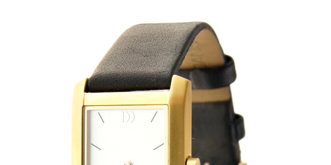 Dámske zlaté titanové hodinky Danish Design s čiernym koženým pásikom