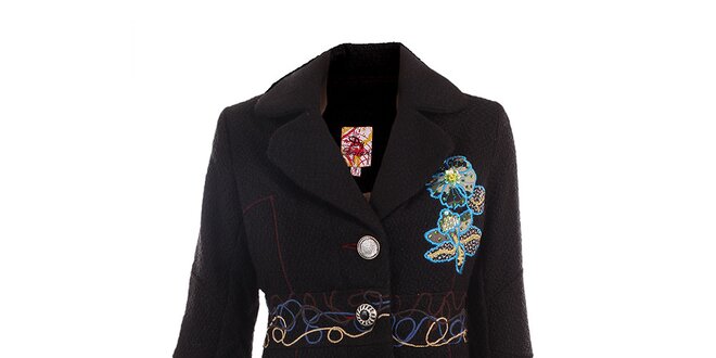 Dámsky čierny kabát s farebnými výšivkami DY Dislay Design
