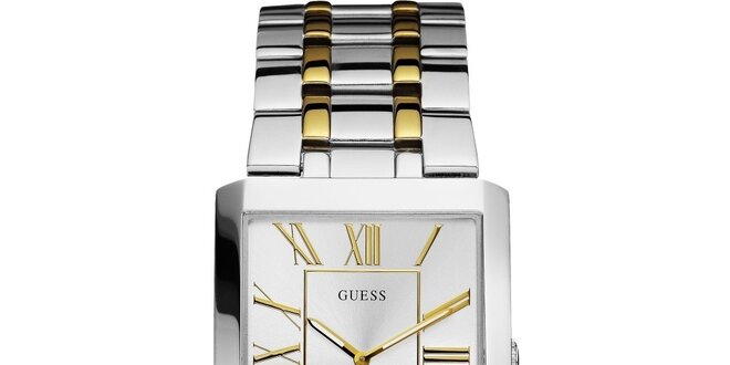 Pánske strieborno-zlaté hodinky s hranatým ciferníkom Guess