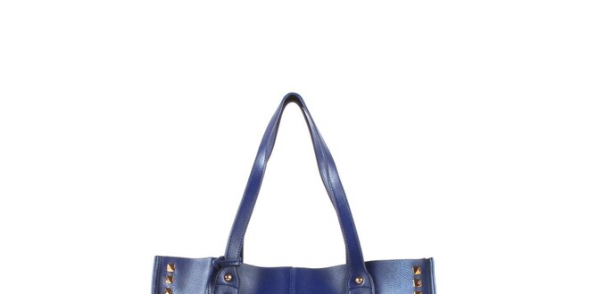 Dámska modrá kožená kabelka s cvočkami a visačkou Joysens