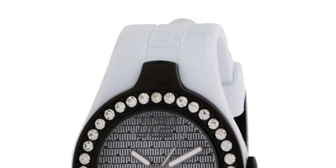 Dámske analogové hodinky s kryštáľmi a bielym remienkom Puma