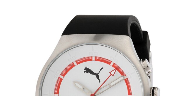 Pánske strieborné hodinky s červeným prúžkom a chronografom Puma