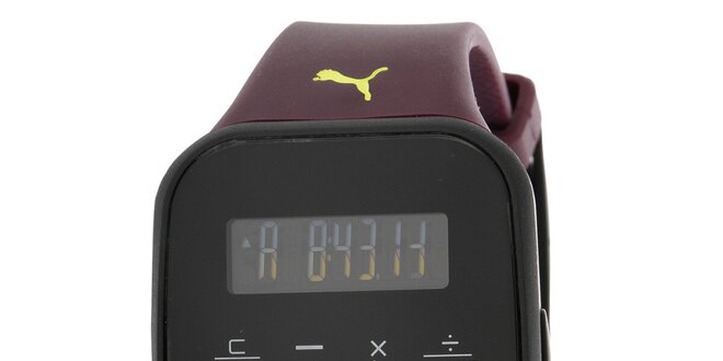Pánske čierne digitálne hodinky s vínovým remienkom Puma