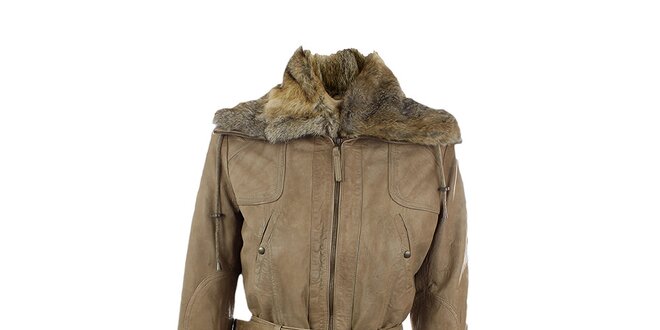 Dámsky hnedo-béžový kožený kabát Company&Co