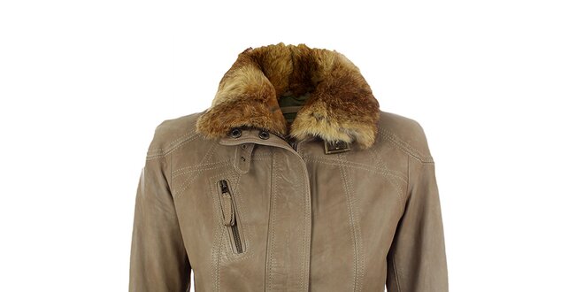 Dámska béžová kožená bunda s opaskom a kožušinkou Company&Co