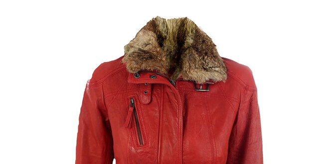 Dámska červená kožená bunda s opaskom a kožušinkou Company&Co