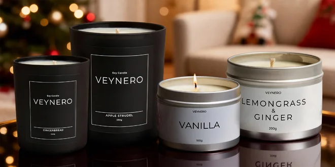 Ručne robené sójové sviečky Veynero: perníček aj štrúdľa
